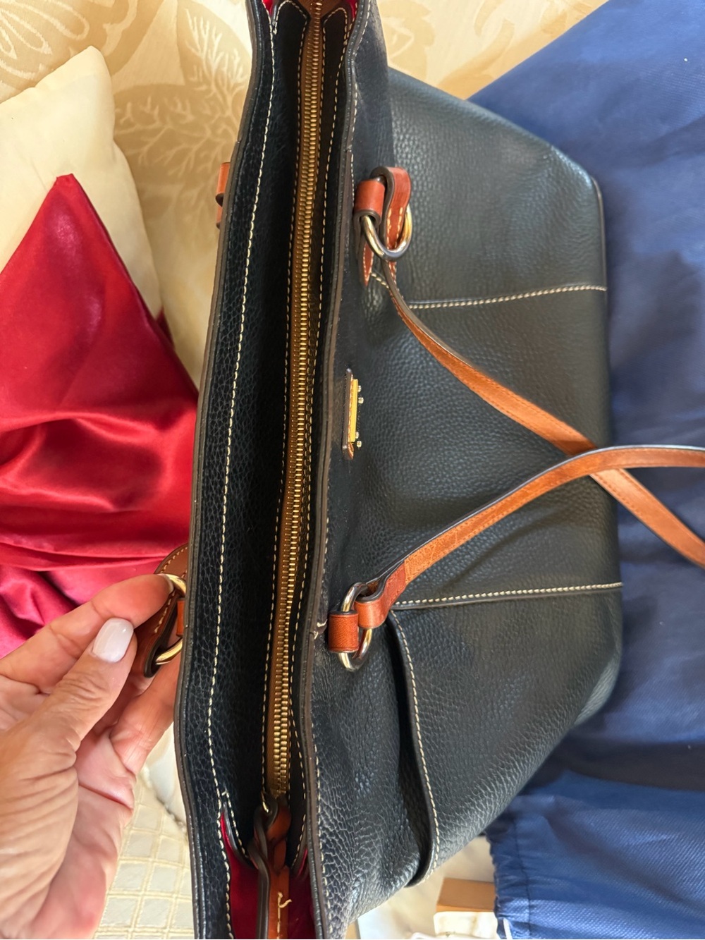 Dooney & Bourke Black Pebble Leather Tote with Brown Trim and Red Interior - Picture 4 of 6